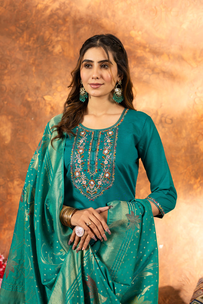 Meher Rama Green Marina Silk Embroidered Kurta Pant Set