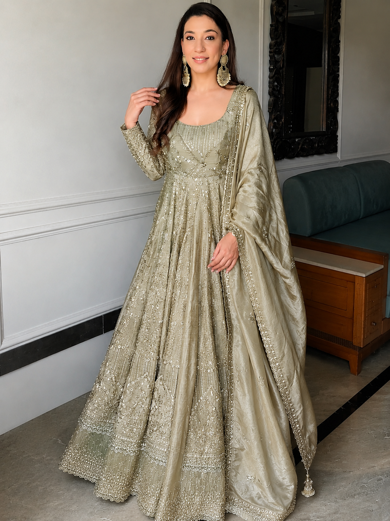 Grey Embroidered Anarkali Gown Set