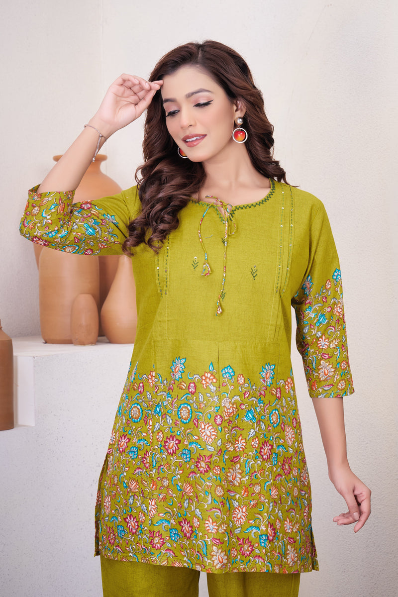 Lemon Yellow Pure Cotton Printed Co-Ord Set – Trendy Women’s Top & Bottom Set