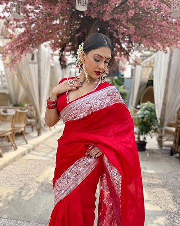 Red Jacquard Saree – Elegant & Festive Indian Ethnic Wear