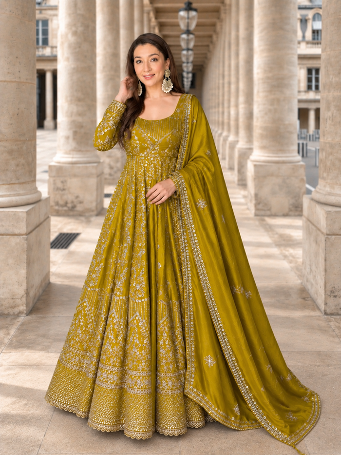 Mustard Embroidered Anarkali Gown Set