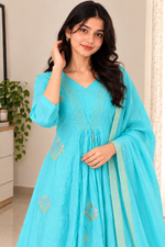 Sky Blue Embroidered Anarkali Kurta Pant Set with Dupatta