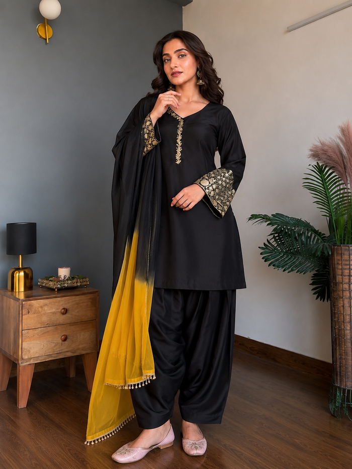 Black Embroidered Kurta Pant Set