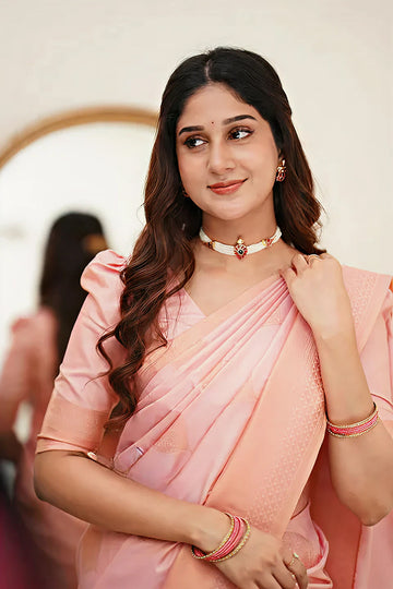 Delicate Light Pink Jacquard Saree – Soft Woven Elegance for Festive & Party Wear