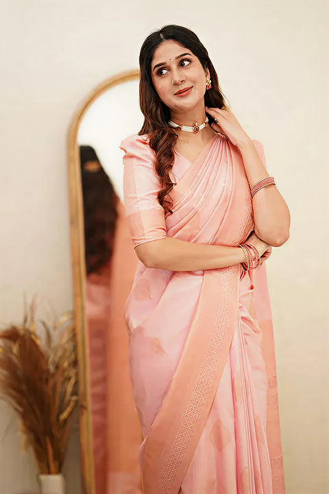 Delicate Light Pink Jacquard Saree – Soft Woven Elegance for Festive & Party Wear