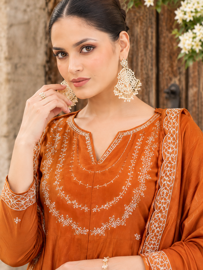 Orange  Embroidered Vichitra Silk Anarkali  Suit Set
