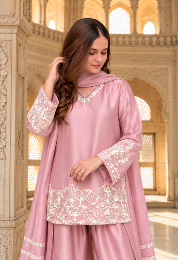 Pink Embroidered Silk Crepe Patiala Gharara Set