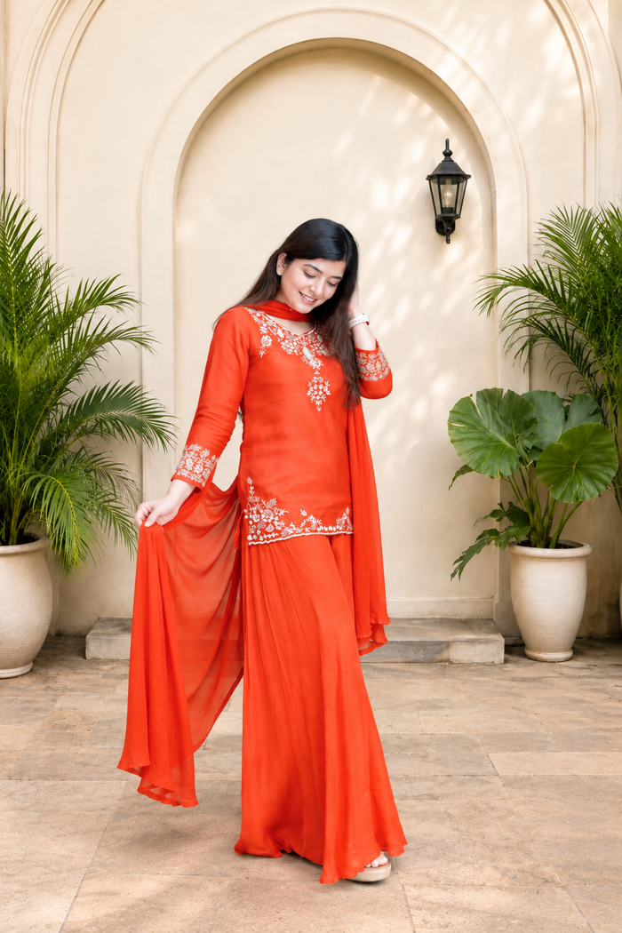 Elegant Sunset Orange Mul Chanderi Handcrafted Suit Set