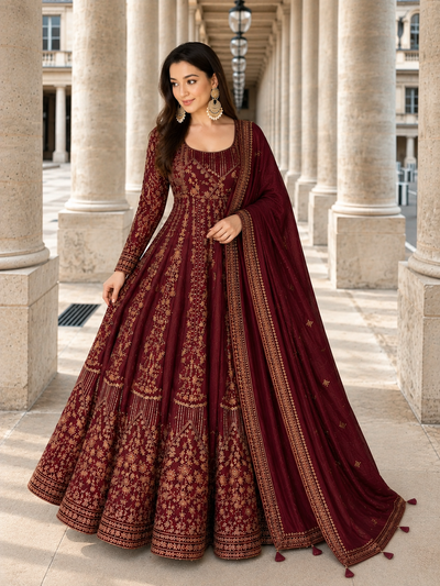 Maroon Embroidered Anarkali Suit Set for Women