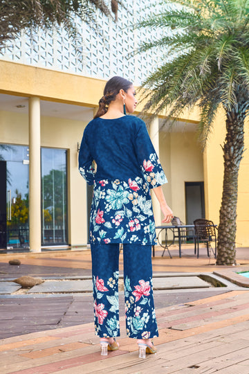 Elegant Blue Pure Cotton Floral Co-ords Set