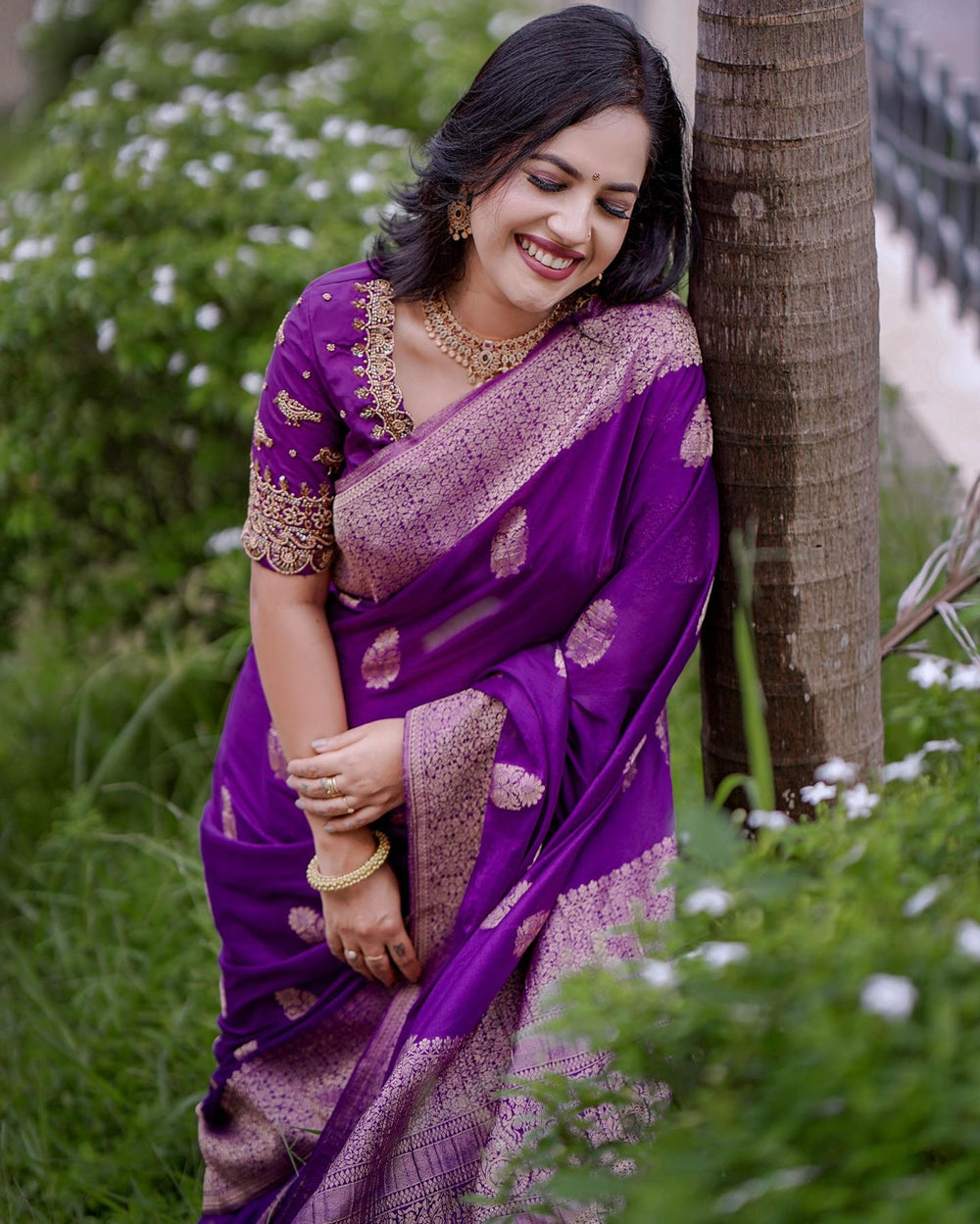 Elegant Dark Purple Jacquard Saree
