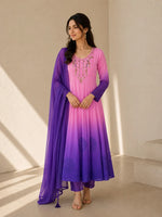Pink & Royal Purple Embroidered Anarkali Suit Set