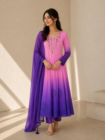 Pink & Royal Purple Embroidered Anarkali Suit Set