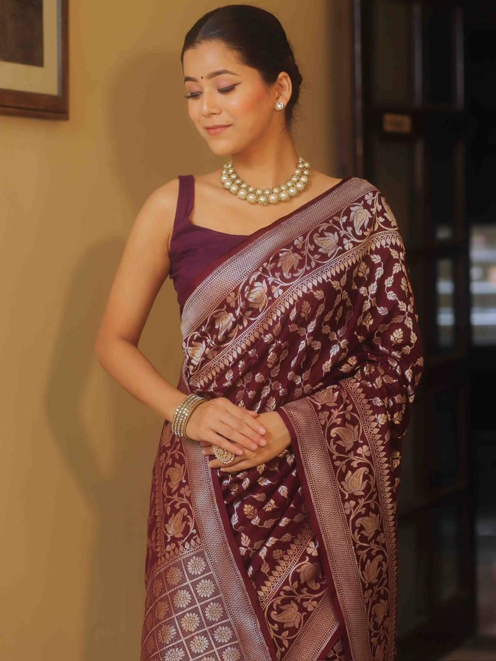 Luxurious Wine Jacquard Saree – Premium Festive & Wedding Wear