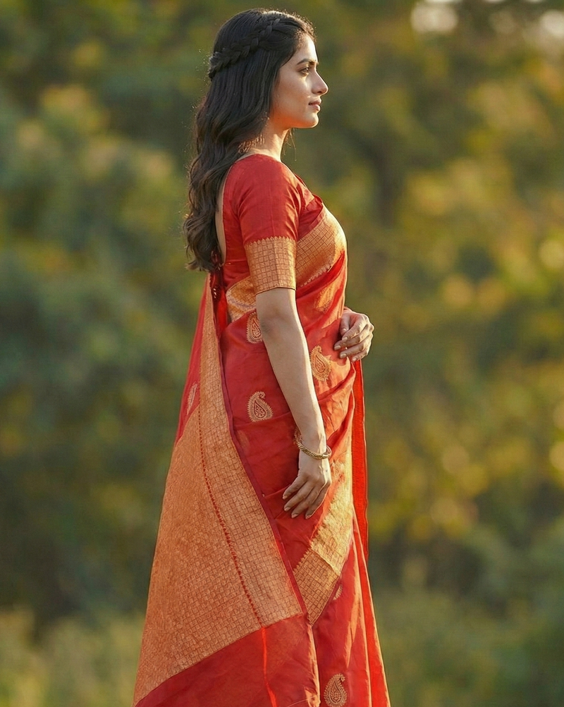 Radiant Red Jacquard Saree – Luxurious Woven Elegance for Festive & Bridal Moments