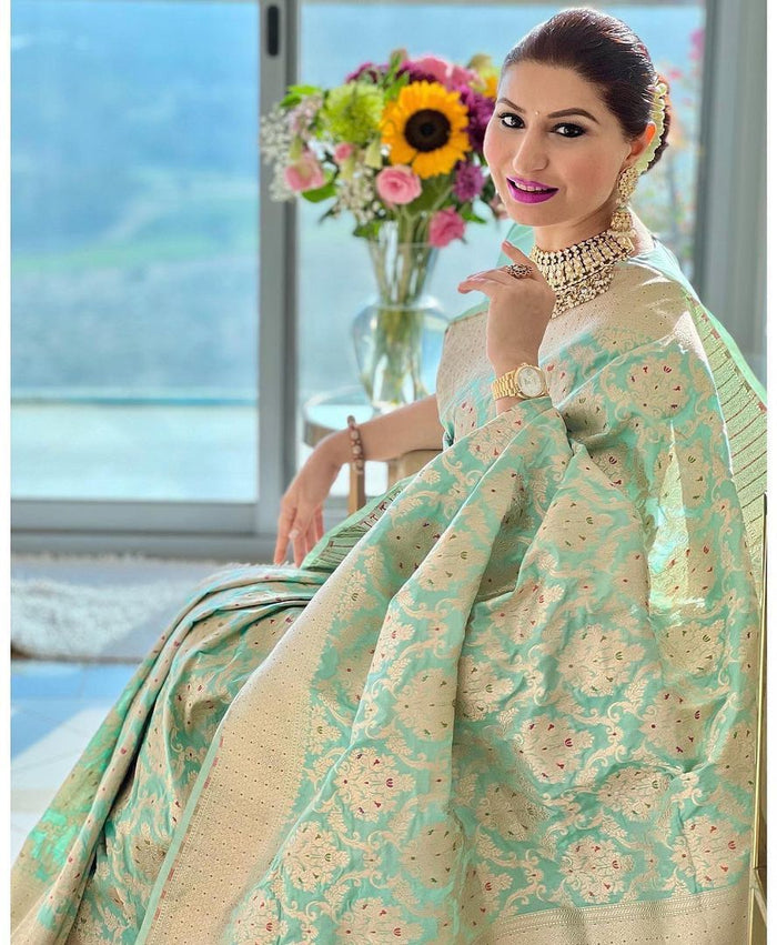 Light Blue Jacquard Saree – Soft Woven Elegance for Weddings & Festive Wear