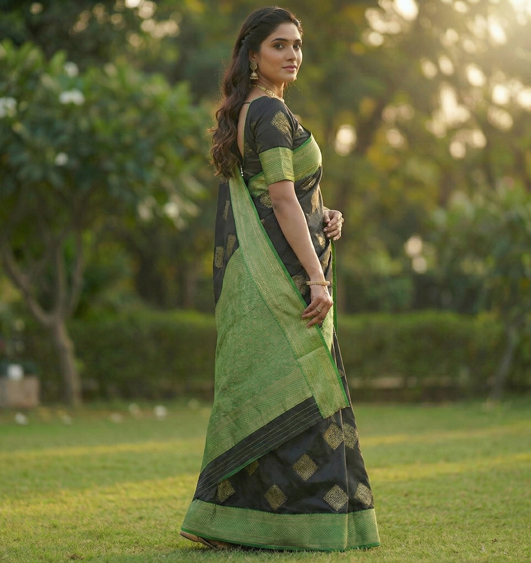 Black Green Jacquard Saree