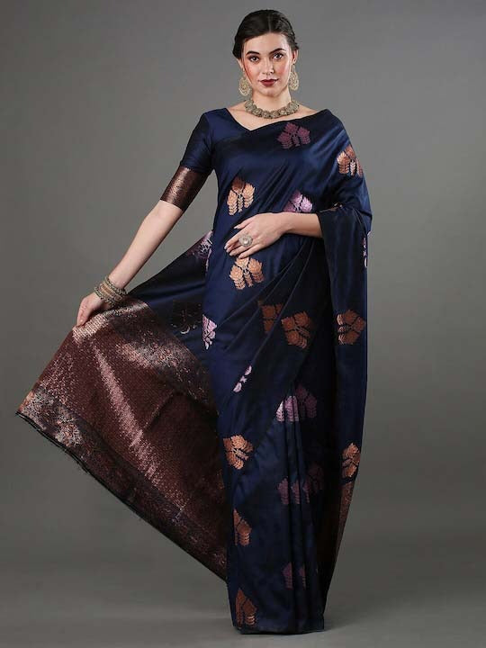 Navy Blue Jacquard Saree – Elegant Woven Saree for Festive & Formal Occasions
