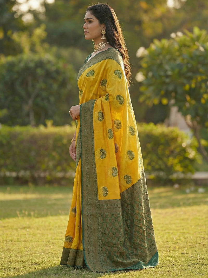 Yellow & Green Jacquard Silk Saree with Elegant Traditional Weaves
