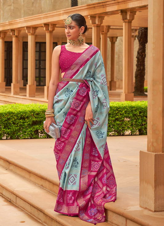 Flaunt Sky Blue And Pink Colored Printed Pure Soft Silk Saree