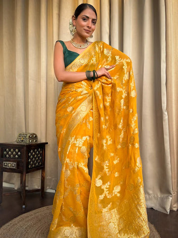 Radiant Yellow Jacquard Saree for Festive Elegance – Premium Woven Traditional Wear