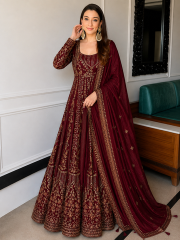 Maroon Crunchy Silk Embroidered Anarkali Gown Set