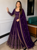 Purple Crunchy Silk Embroidered Anarkali Gown Set