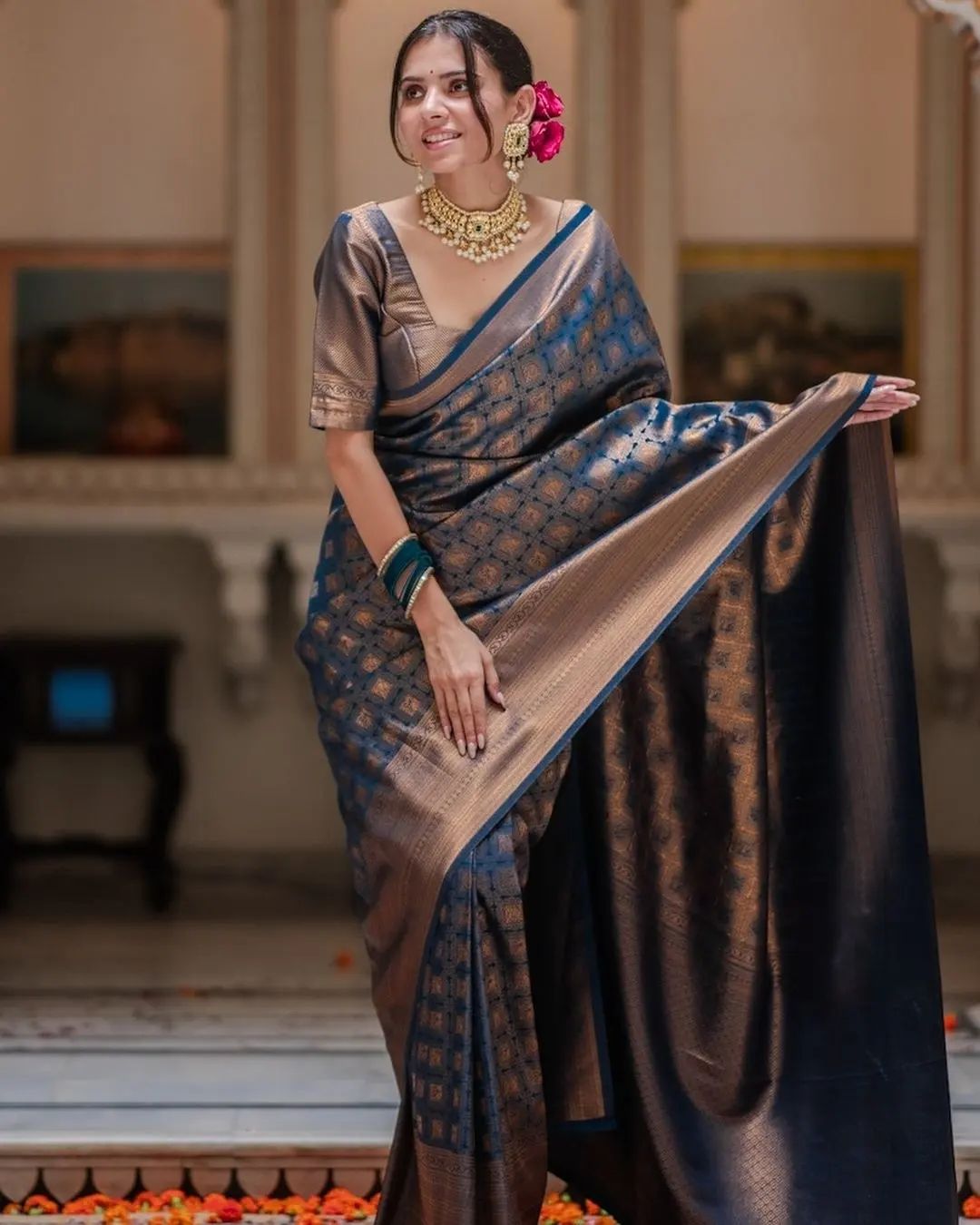 Royal Navy Blue Jacquard Saree