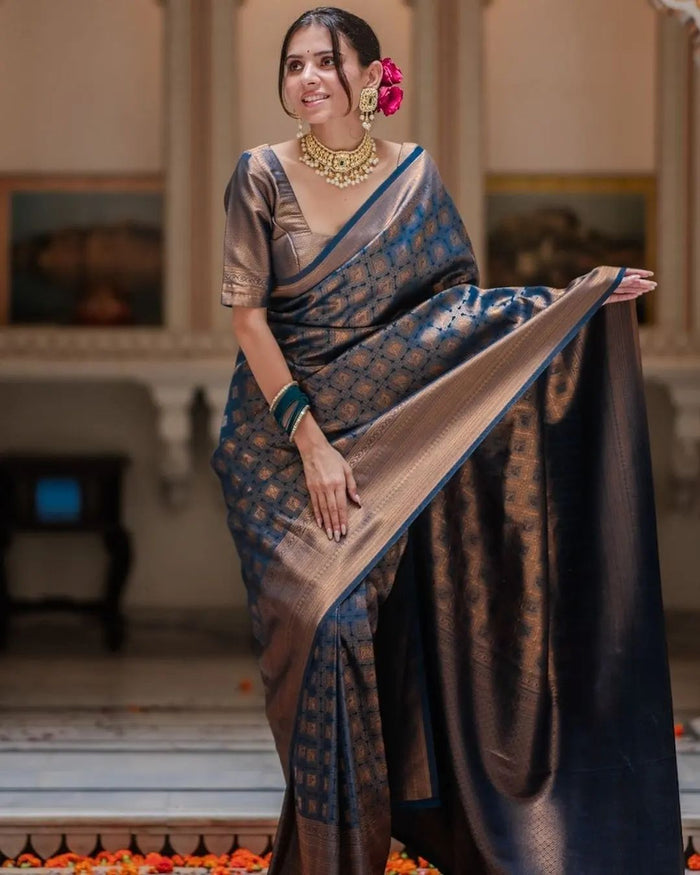 Royal Navy Blue Jacquard Saree for Festive & Wedding Elegance