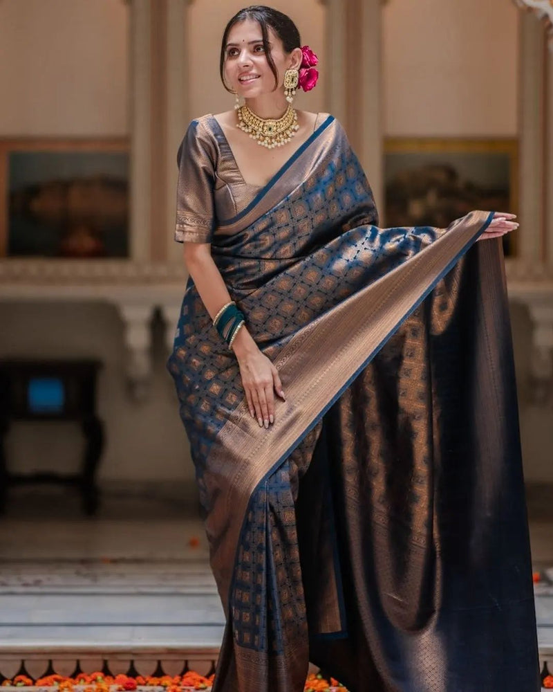 Royal Navy Blue Jacquard Saree