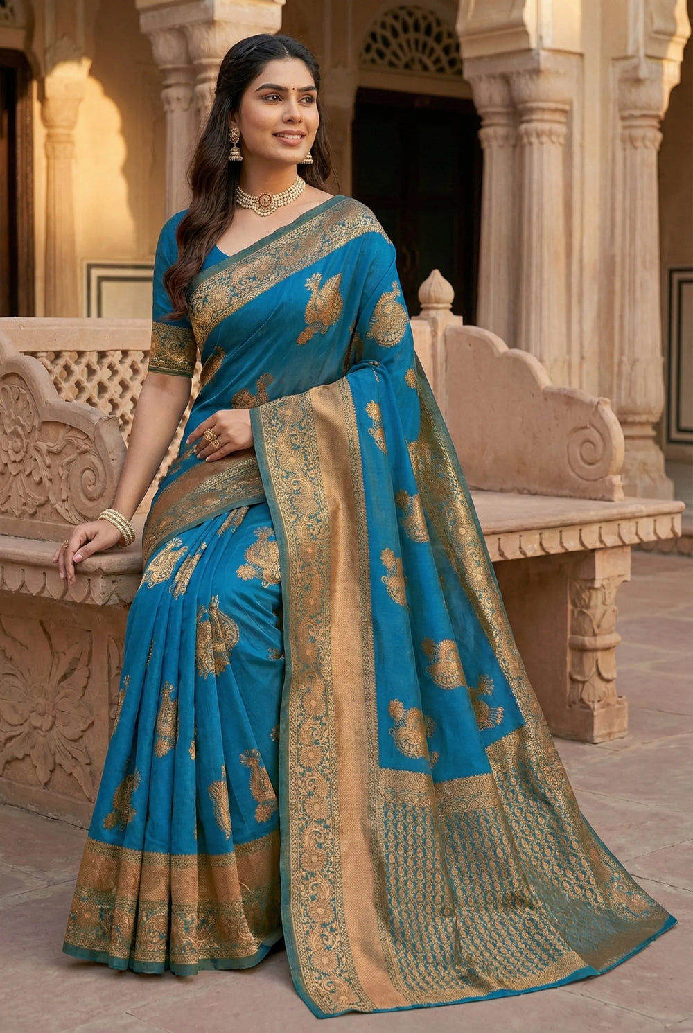 Refreshing Firoji Jacquard Silk Saree with Elegant Woven Motifs | Festive & Occasion Wear