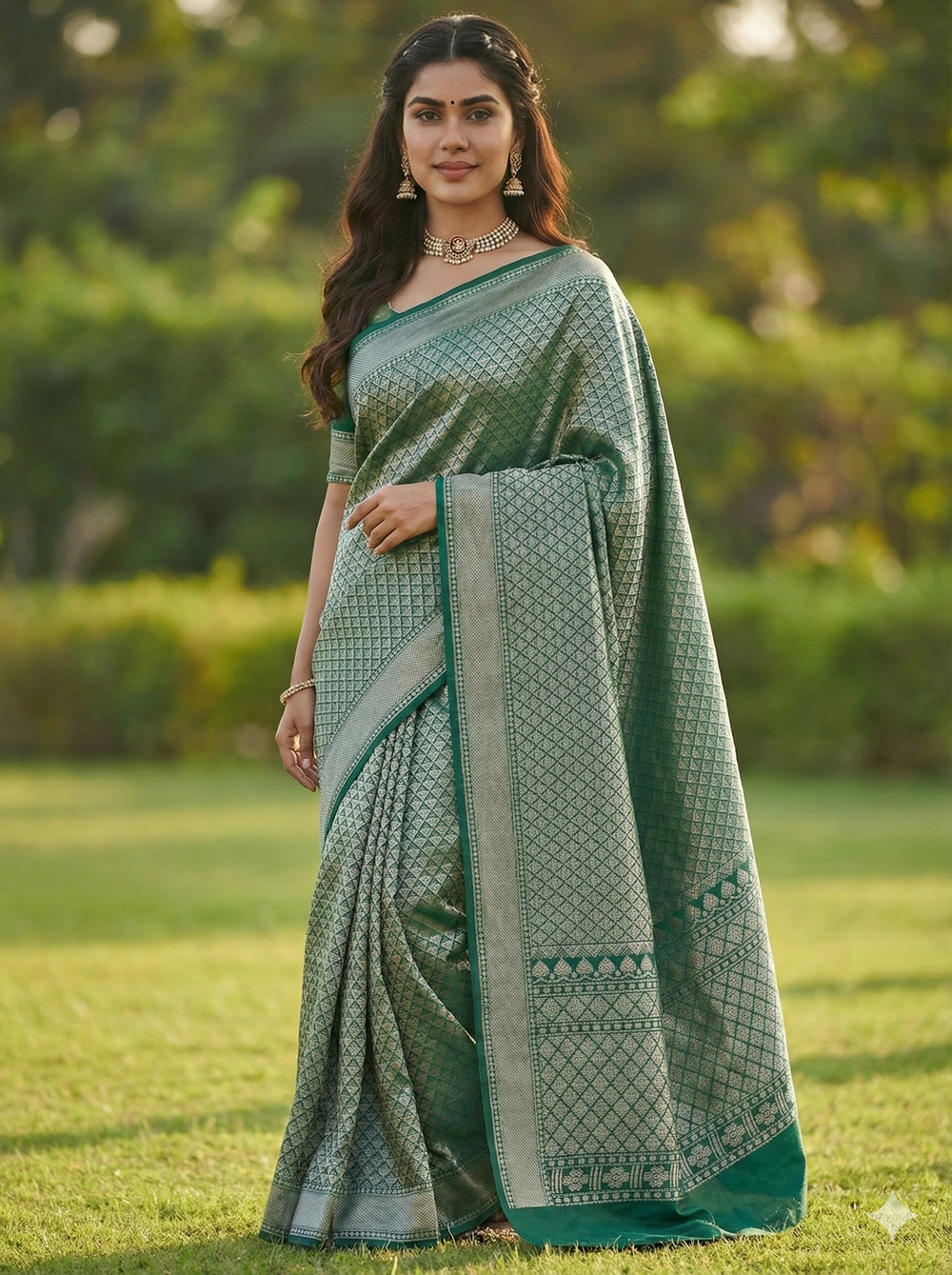 Green Jacquard Saree – Rich Traditional Weave & Festive Elegance