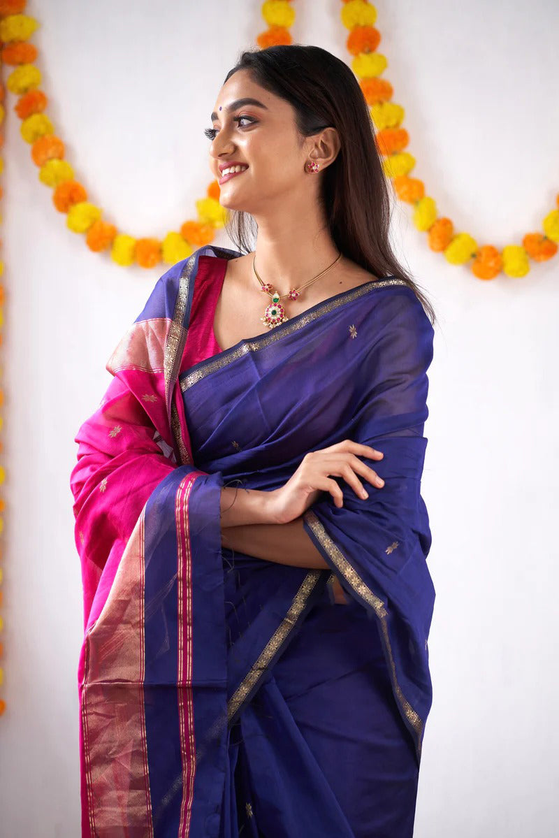 Blue Pink Jacquard Saree