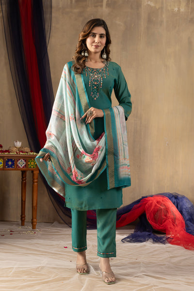 Rama Green Shimmer Gold Silk Embroidered Kurta Pant Set