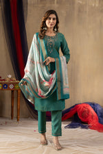 Rama Green Shimmer Gold Silk Embroidered Kurta Pant Set