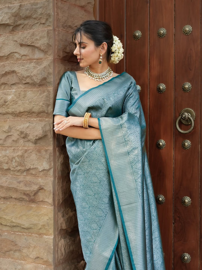 Peacock Blue Jacquard Saree – Regal Woven Elegance with Timeless Appeal