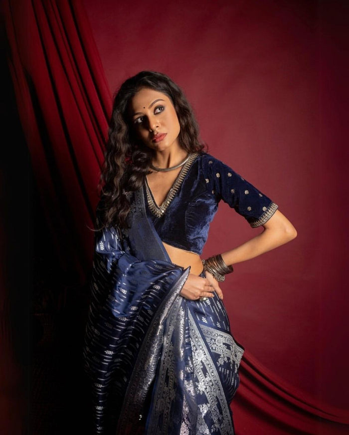 Dark Blue Jacquard Saree for Royal Festive & Party Wear Elegance