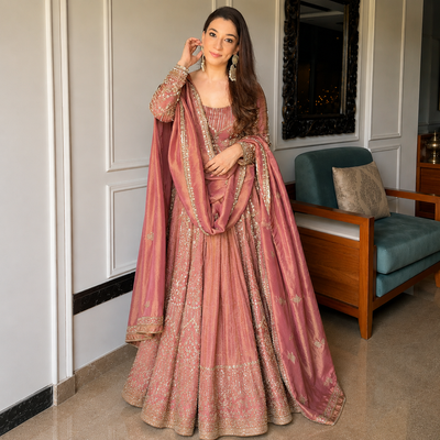 Rose Gold Embroidered Anarkali Gown Set
