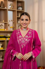 Pure Satori Silk Embroidered Rani Suit Set with Banarasi Silk Dupatta
