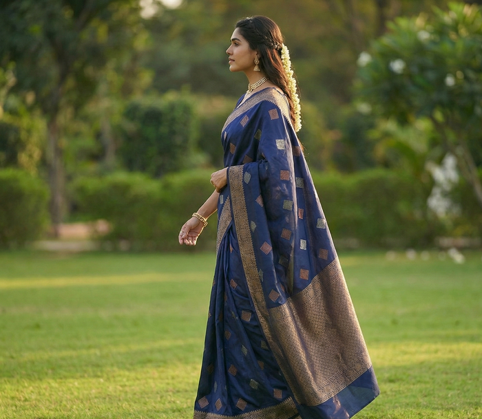 Navy Blue Jacquard Saree – Premium Elegant Saree for Festive & Formal Wear
