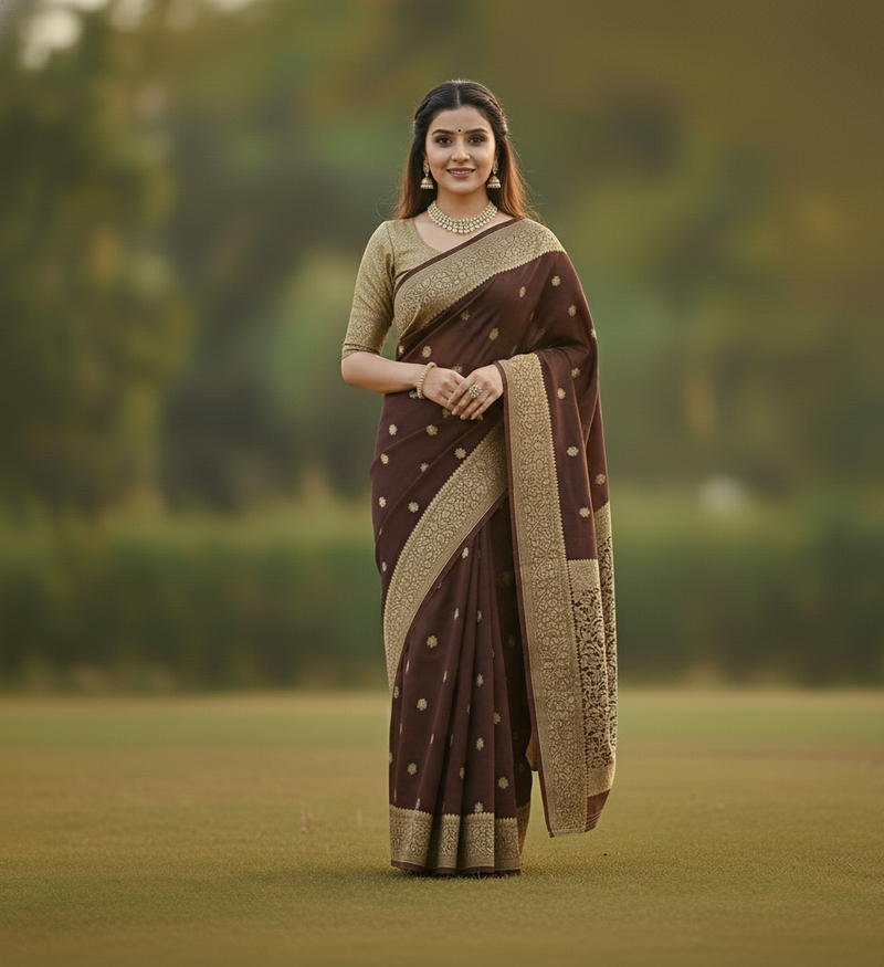 Chocolate Brown Jacquard Saree