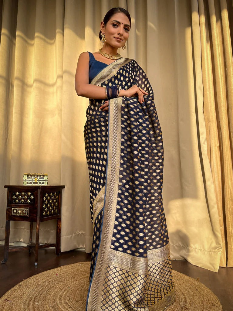 Luxurious Navy Blue Jacquard Saree