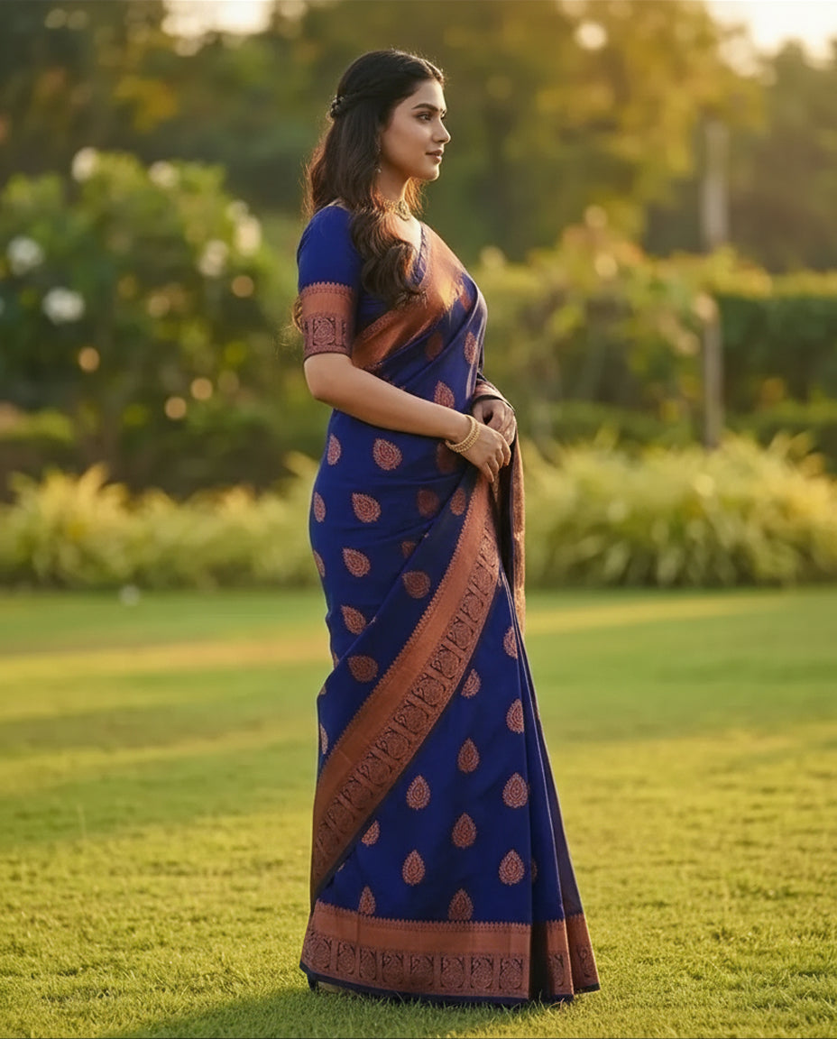 Deep Navy Blue Jacquard Silk Saree with Regal Woven Detailing | Festive & Evening Wear