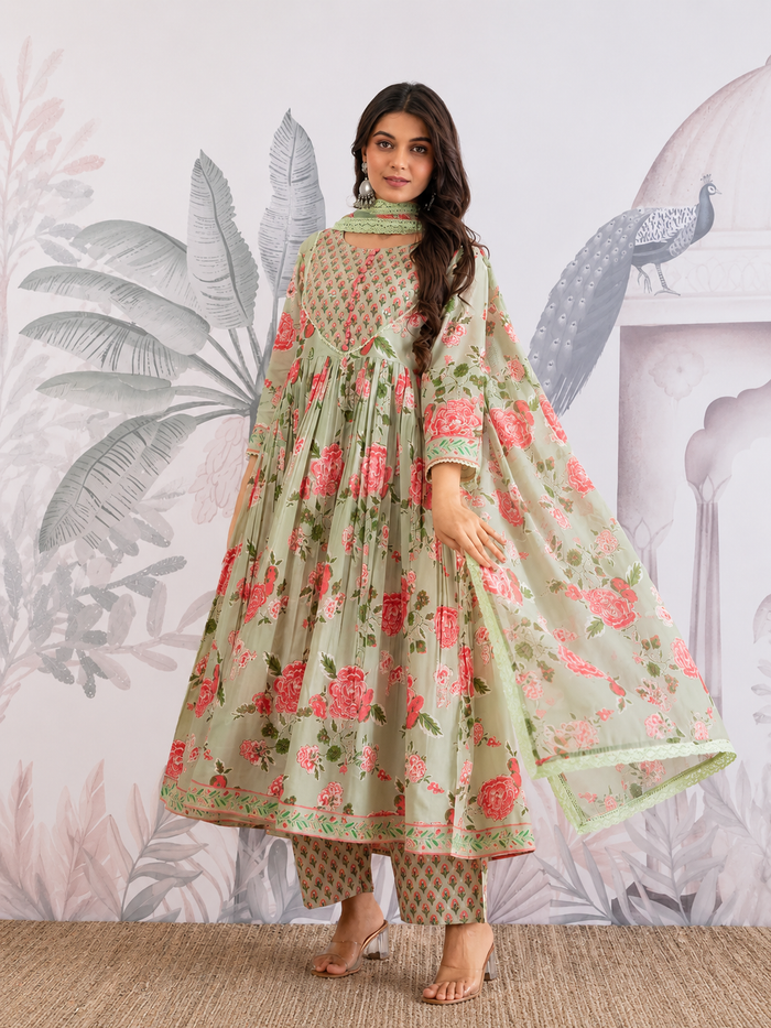 Green Floral Jaipuri Cotton Flared Anarkali Suit Set