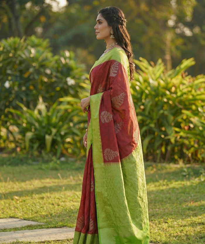 Brick Red Jacquard Saree – Rich Woven Saree for Festive & Wedding Style