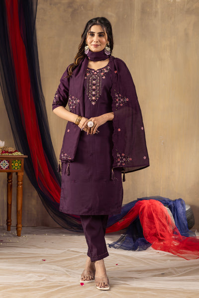 Ruhani Wine Roman Silk Embroidered Kurta Pant Set