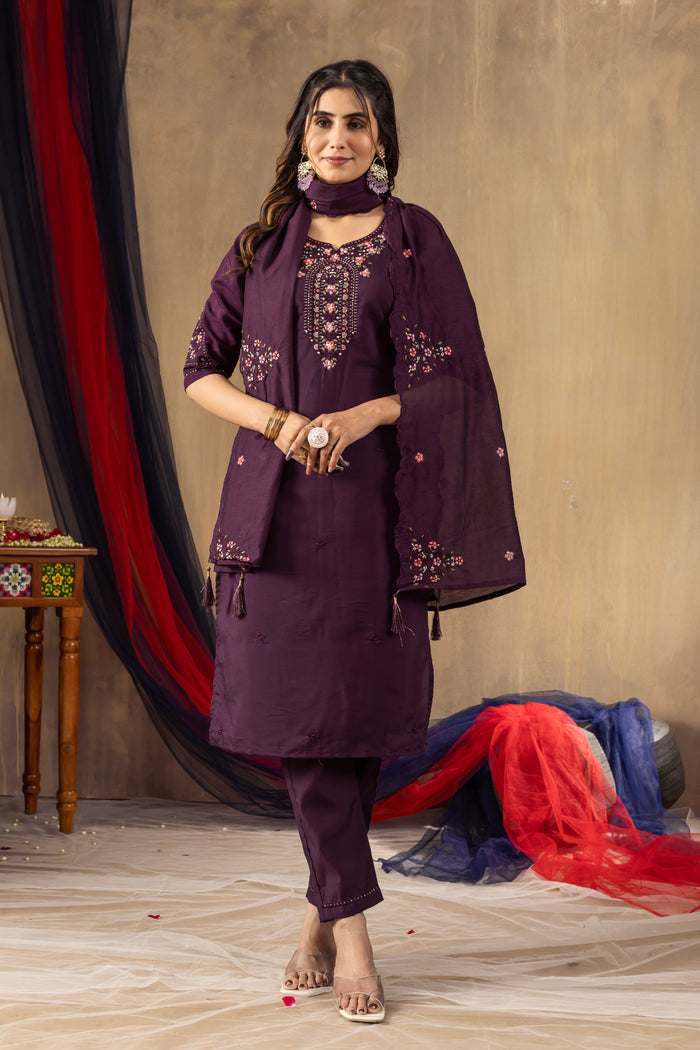 Ruhani Wine Roman Silk Embroidered Kurta Pant Set