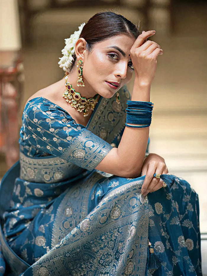 Tea Blue Jacquard Saree – Elegant Woven Saree for Festive, Party & Wedding Wear