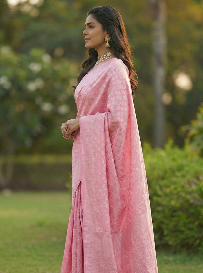 Pink Jacquard Saree – Graceful Festive Wear With Rich Woven Detailing