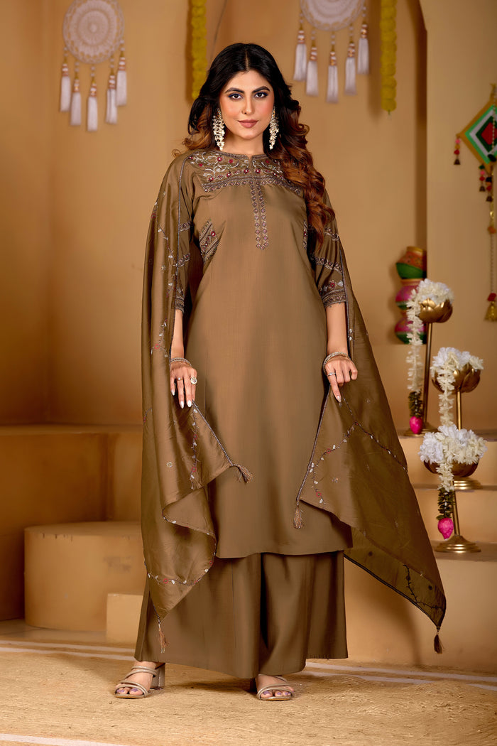 Elegant Brown Viscose Mango Silk Anarkali Kurti Set